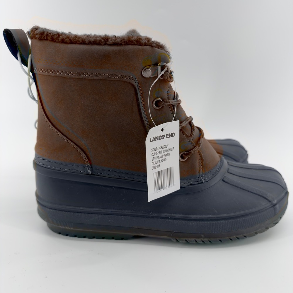NEW Lands End Wynn Youth Duck Boots‎ Brown Navy Blue Insulated Size 5M